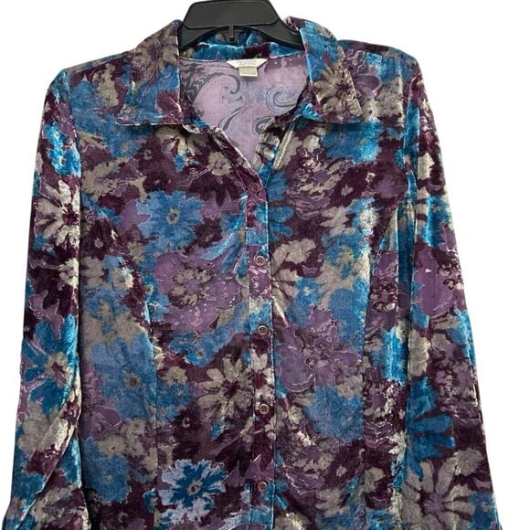 Velvet Floral Burnout Blouse Whimsigoth Boho Romantic Button Down Top Large - Picture 3 of 10